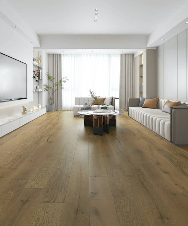 Enchanted European Oak Engineered Wide Plank Hardwood Floor Bedrock Room