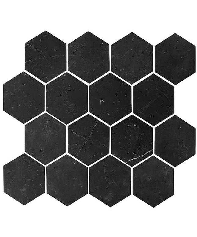 Artistic Tile  Marble Mosaic Carrara Black Honed 3 Inch Hexagon Vintage Tile