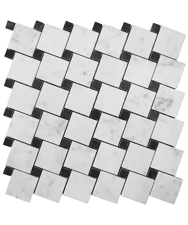 Artistic Tile Honed Marble Mosaic Carrara White Tile Zanzibar Field with Black Accents