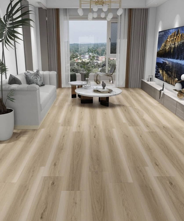 Essentials Water-Resistant Light Brown Laminate Floor Floating Floor Celestial 9″ ESS11M-321 Room