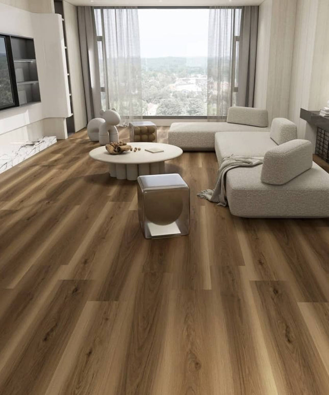Essentials Water-Resistant Brown Laminate Floor Floating Floor Morning Haze 9″ ESS11M-328 Room