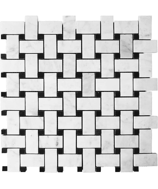 Basketweave Tiles Marble White Carrara Honed with Jet Black Dots Accent Vintage Tile