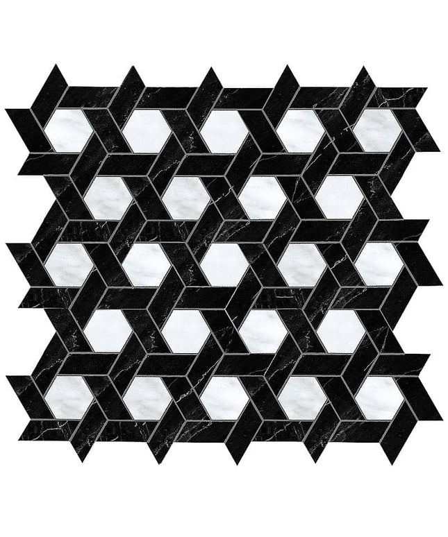 Artistic Tile Honed Marble Mosaic Carrara White Hexagon Black Lattice Pattern Vintage Tile