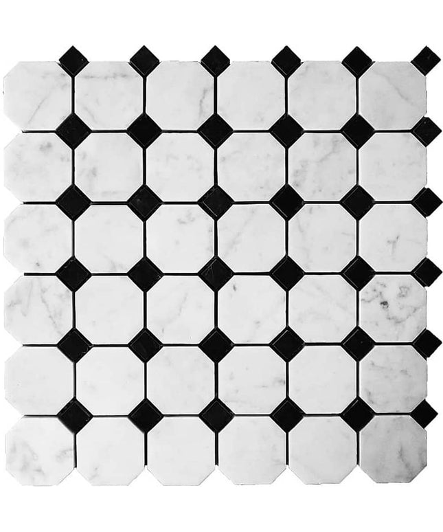 Artistic Tile  Marble Carrara White Mosaic Octagon Field with Diamond Black Accents