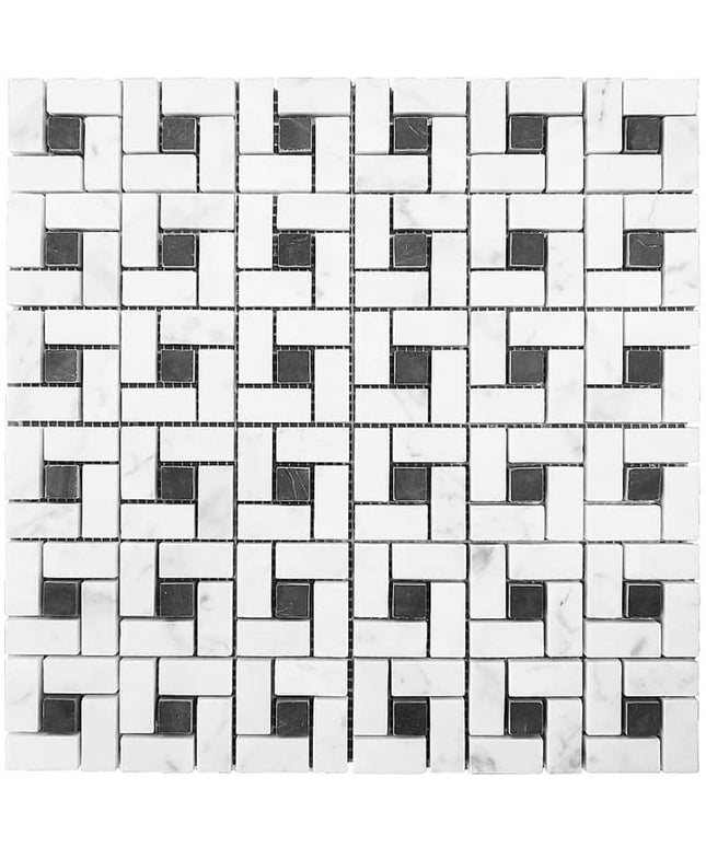 Artistic Tile Honed Marble White Carrara Spiral Pattern Tiles with Jet Black Dots