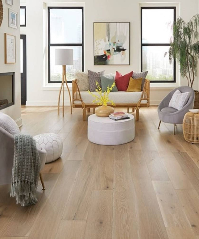 Mullican Stylish Engineered European White Oak Hardwood Floor Castillian Premier Coastal Fog Room