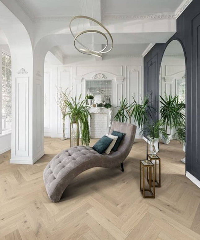 Mullican Stylish Engineered European White Oak Hardwood Floor Castillian Premier Herringbone Coastal Fog