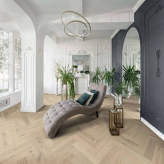 Mullican Stylish Engineered European White Oak Hardwood Floor Castillian Premier Herringbone Coastal Fog