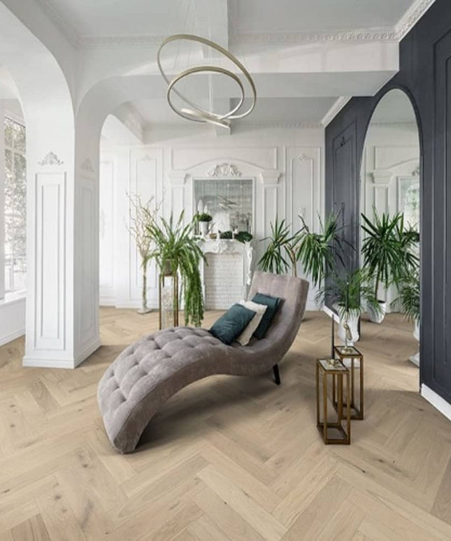 Mullican Stylish Engineered European White Oak Hardwood Floor Castillian Premier Herringbone Monroe Bisque
