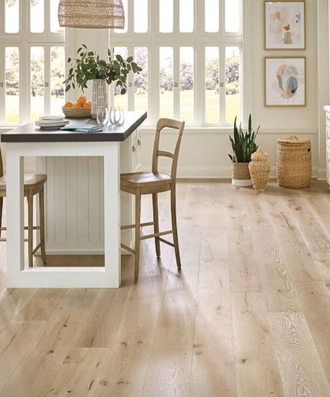 Mullican Stylish Engineered European White Oak Hardwood Floor Castillian Premier Offshore Mist Room