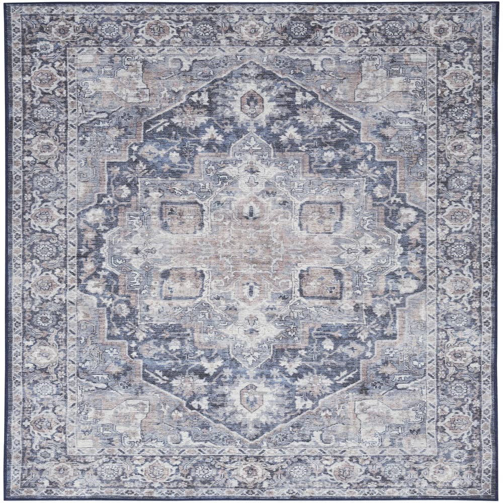 Nicole Curtis Vintage Persian Rectangle Area Rug Machine Washable Ivory Navy SR101 Made In Turkey